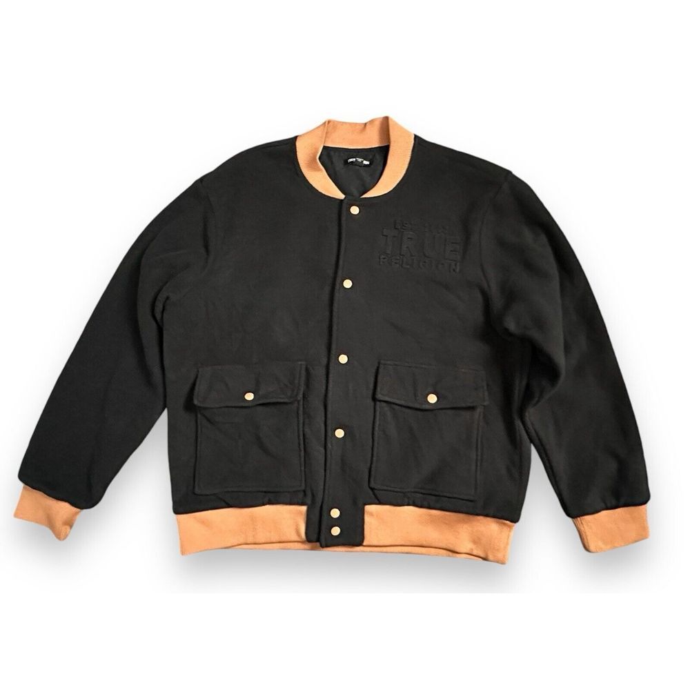 True Religion Fleece Bomber Utility Jacket Mens Size L Jet Black $199